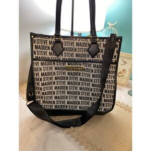Steven Madden Large Purse Bag Tote Logo Gray Black Card Wallet Strap Handles GUC